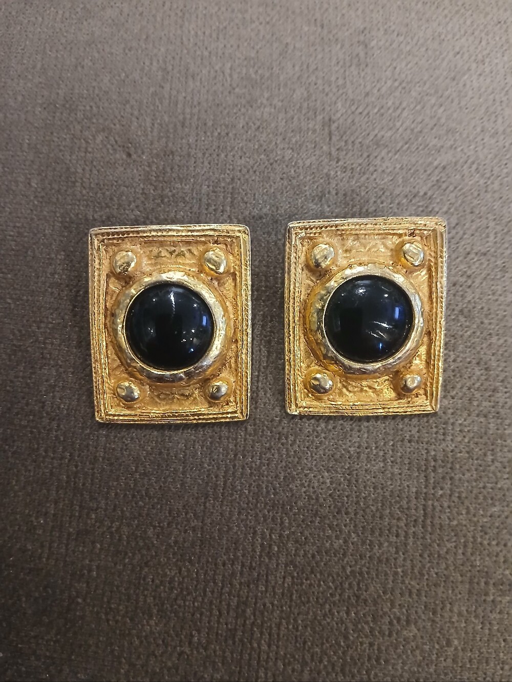 Vintage Chunky Etruscan Revival Gold Tone Black Glass Cabochon Clip-on Earrings
